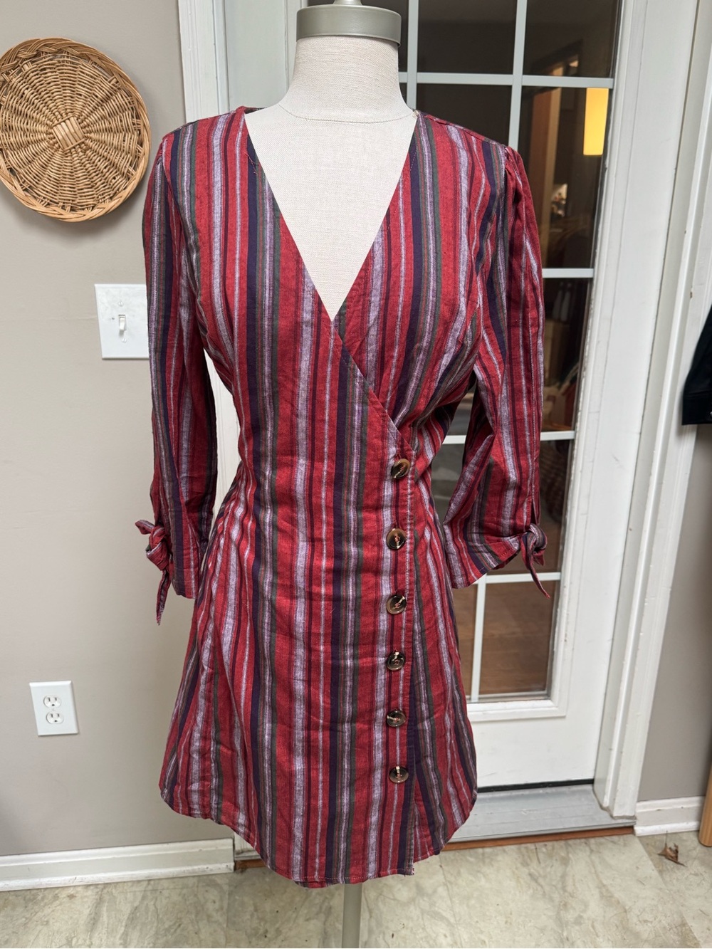 NWT PinkBlush Red Multi Striped Faux Wrap Button Front Mini Dress M